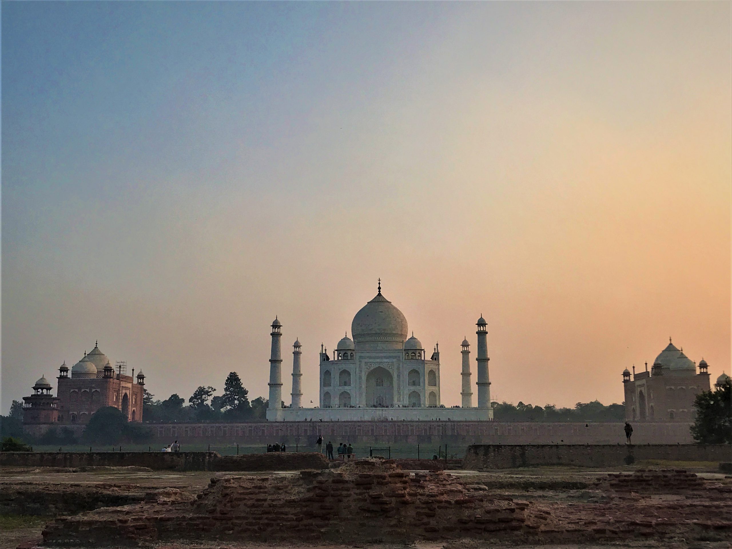 Mehtab Bagh with overview on the Taj Mahal at sunset